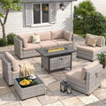 6-Seat Modern Outdoor Wicker Rattan Patio Furniture Set with 55,000 BTU Fire Pit Table, Thick 4″ Cushions, All-Weather Dual-Strand Rattan, Rust-Resistant Steel Frame,Beige