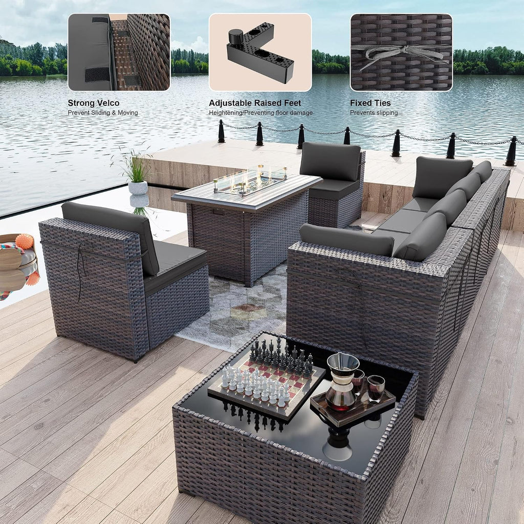 Kullavik 8 Pieces Outdoor Patio Furniture Set,Sectional Sofa Set with 43' 55000 BTU Gas Propane Fire Pit Table,Brown PE Rattan Wicker Patio Conversation Set,Grey