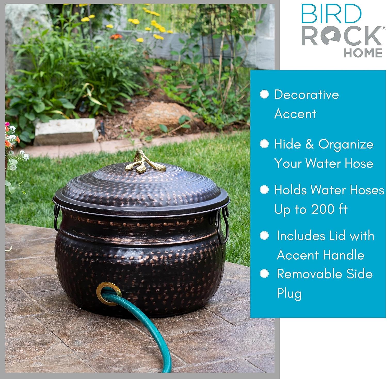BIRDROCK HOME Water Hose Holder - Decorative Metal Pot, Indoor or Outdoor, Garden Storage Organizer, Patio Portable Bucket - Distressed Bronze, Holds up to 200ft Hoses, Large with Lid