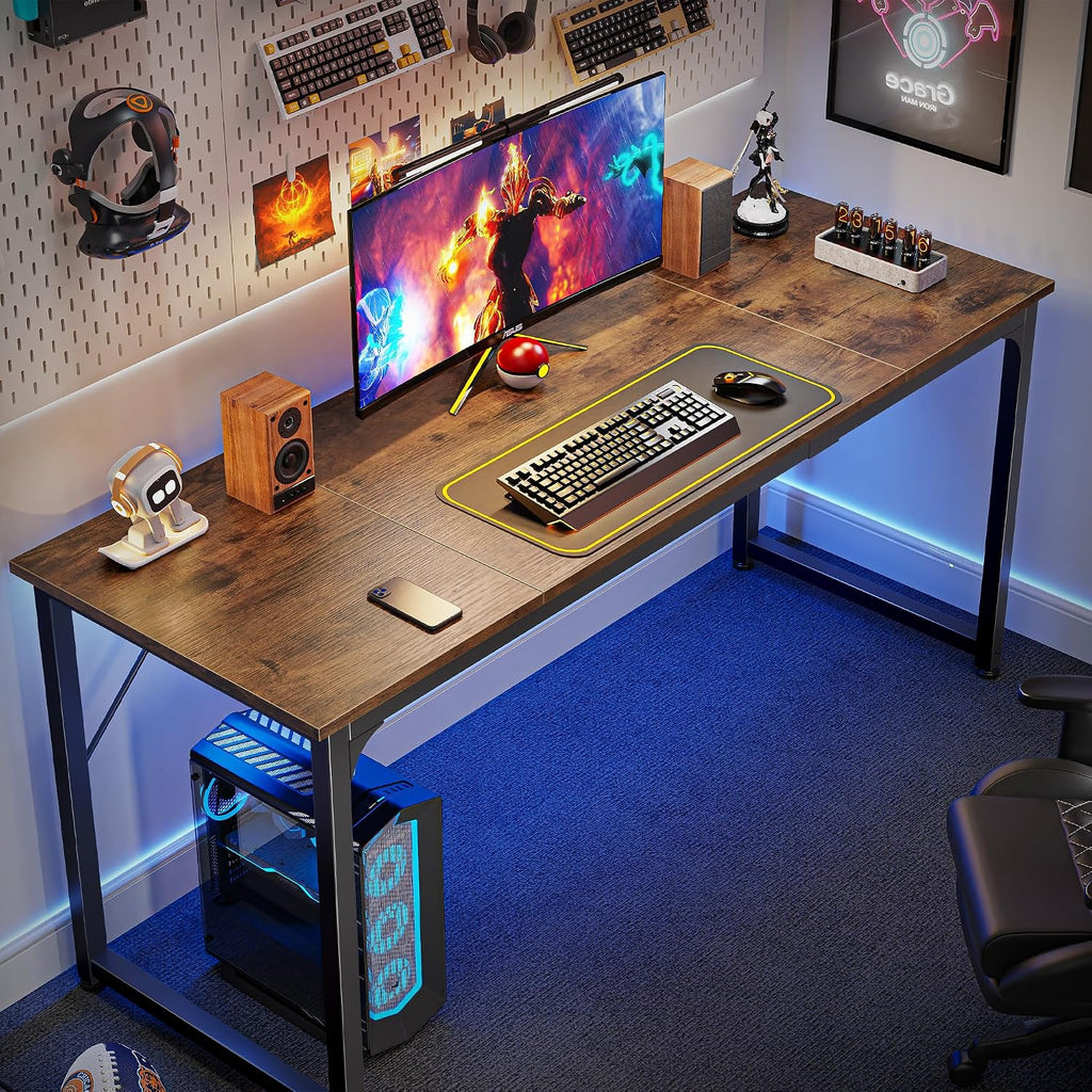 Huuger Computer Desk, 63 Inch Office Desk, Gaming Desk with Storage, Writing Desk Work Desk for Home Office, Study, Modern Simple Desk, Large Legroom, Metal Frame, Rustic Brown