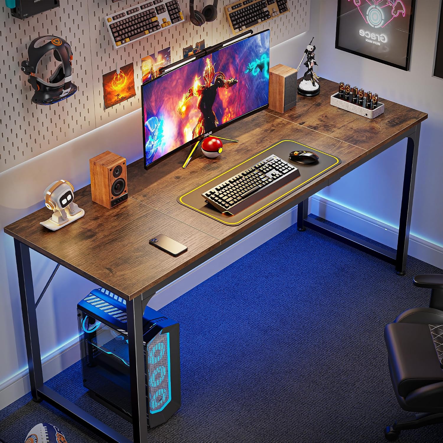 Huuger Computer Desk, 63 Inch Office Desk, Gaming Desk with Storage, Writing Desk Work Desk for Home Office, Study, Modern Simple Desk, Large Legroom, Metal Frame, Rustic Brown