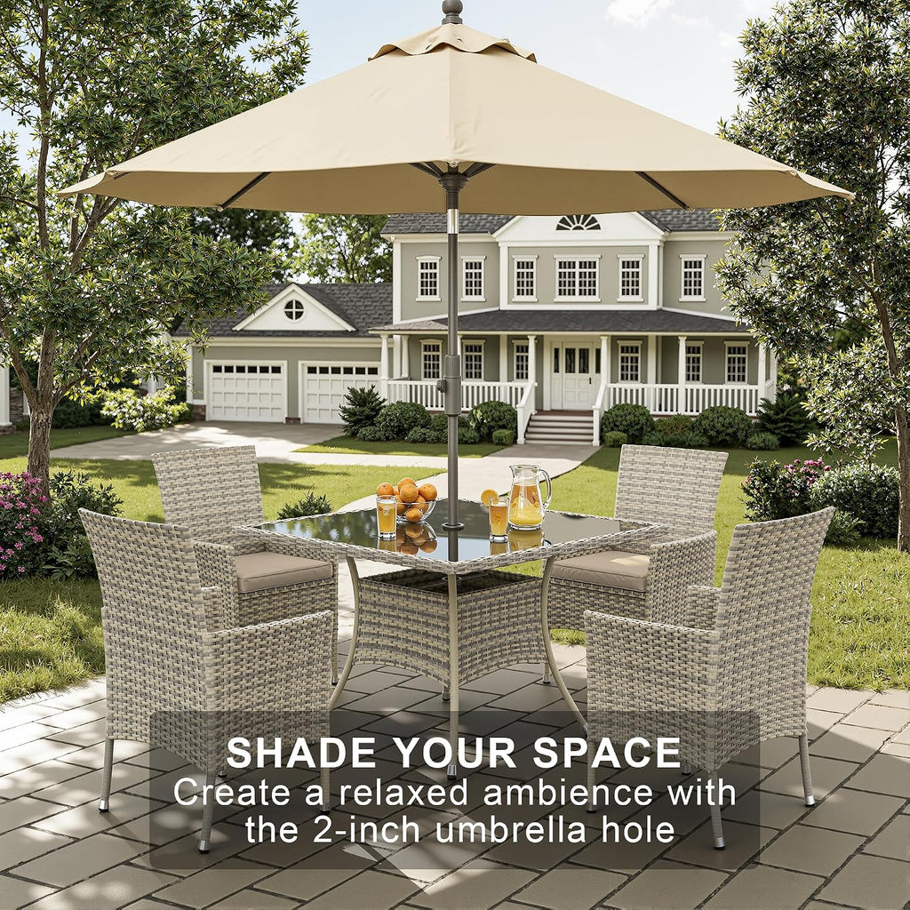 10-Piece Patio Dining Set, Patio Furniture Set with Square Tempered Glass Table & 8 Wicker Chairs, Expandable Design for Larger Groups, Outdoor Furniture for Backyard, Deck, Garden, Beige