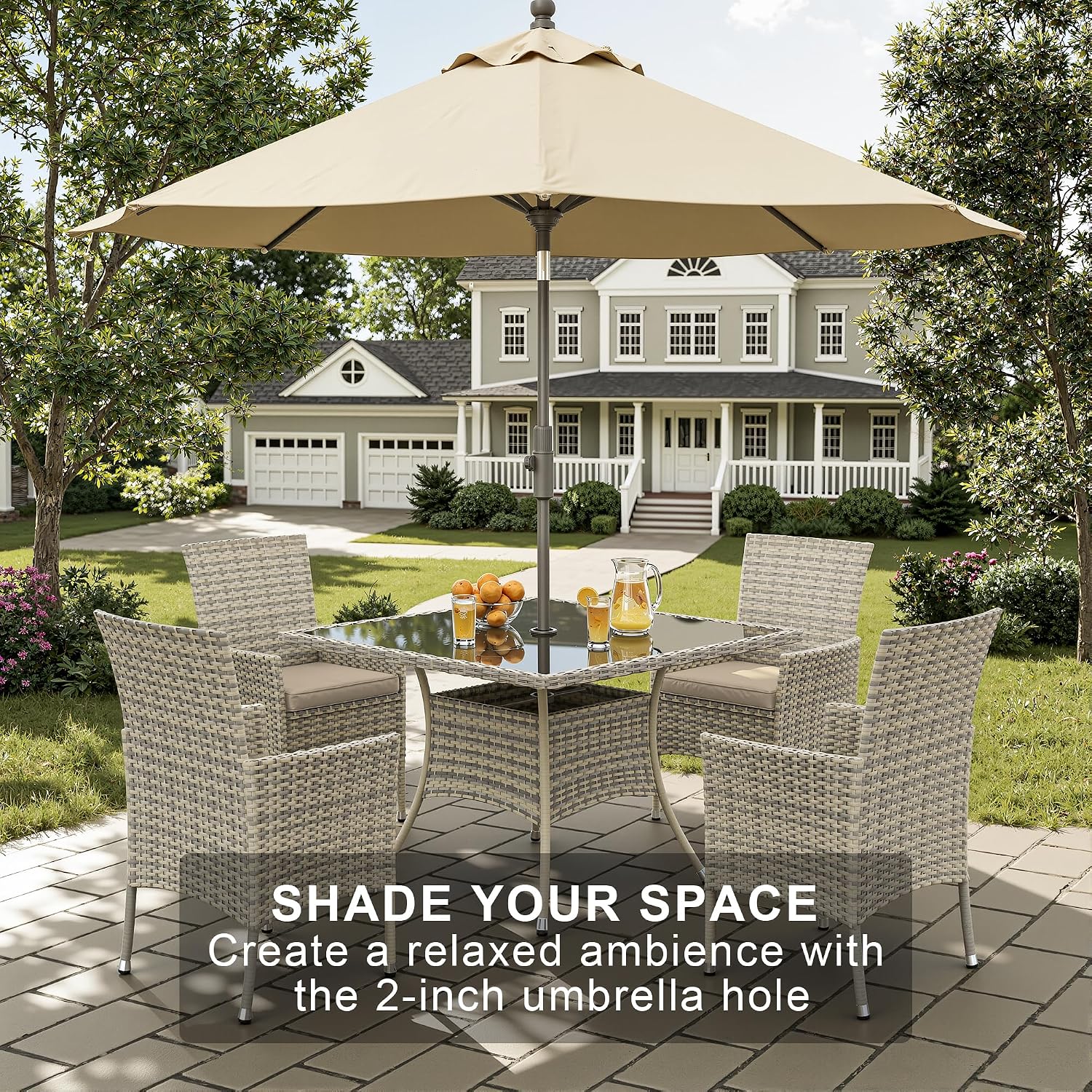 10-Piece Patio Dining Set, Patio Furniture Set with Square Tempered Glass Table & 8 Wicker Chairs, Expandable Design for Larger Groups, Outdoor Furniture for Backyard, Deck, Garden, Beige