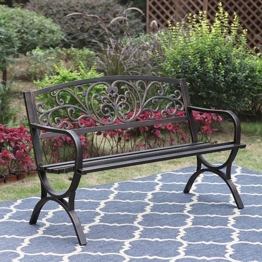 Sophia & William Metal Outdoor Bench, 50' Outdoor Garden Bench Patio Park Bench, Cast Iron Park Benches for Outside with Floral Design Backrest, Bronze