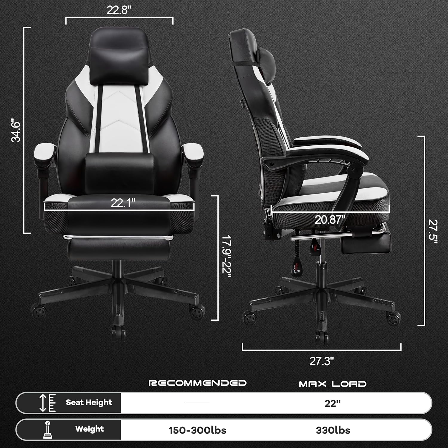 Big and Tall Gaming Chair for Adults, Heavy Duty Computer Chair with Footrest, Video Game Chair, Massage Lumbar Support, Wide Seat High Back Reclining Desk Chair, White