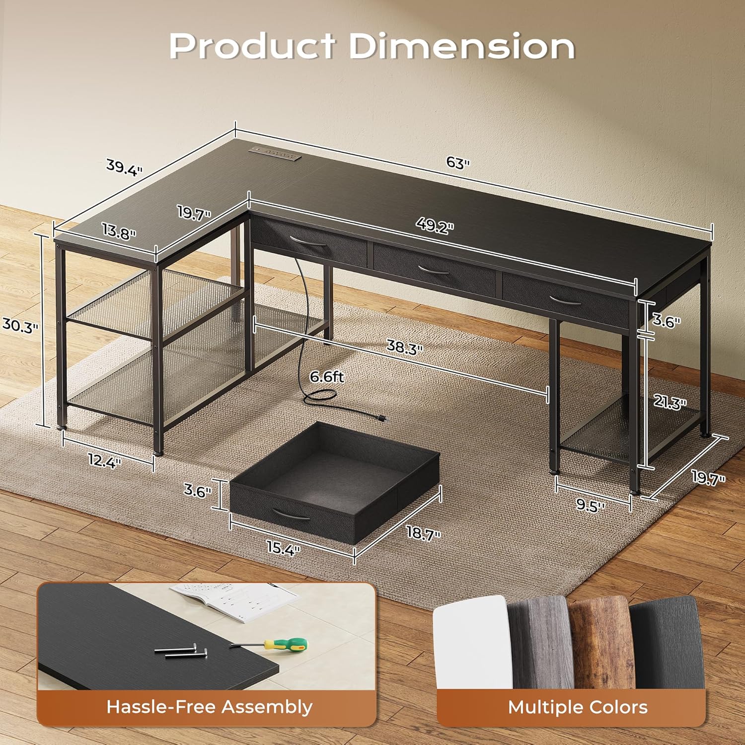 PRAISUN 63 Inch L Shaped Office Desk with Power Outlets and Type-C Port, Large Computer Gaming Desk with 3 Fabric Drawers, Mesh Shelves, Corner Study Work Writing Desk, Black