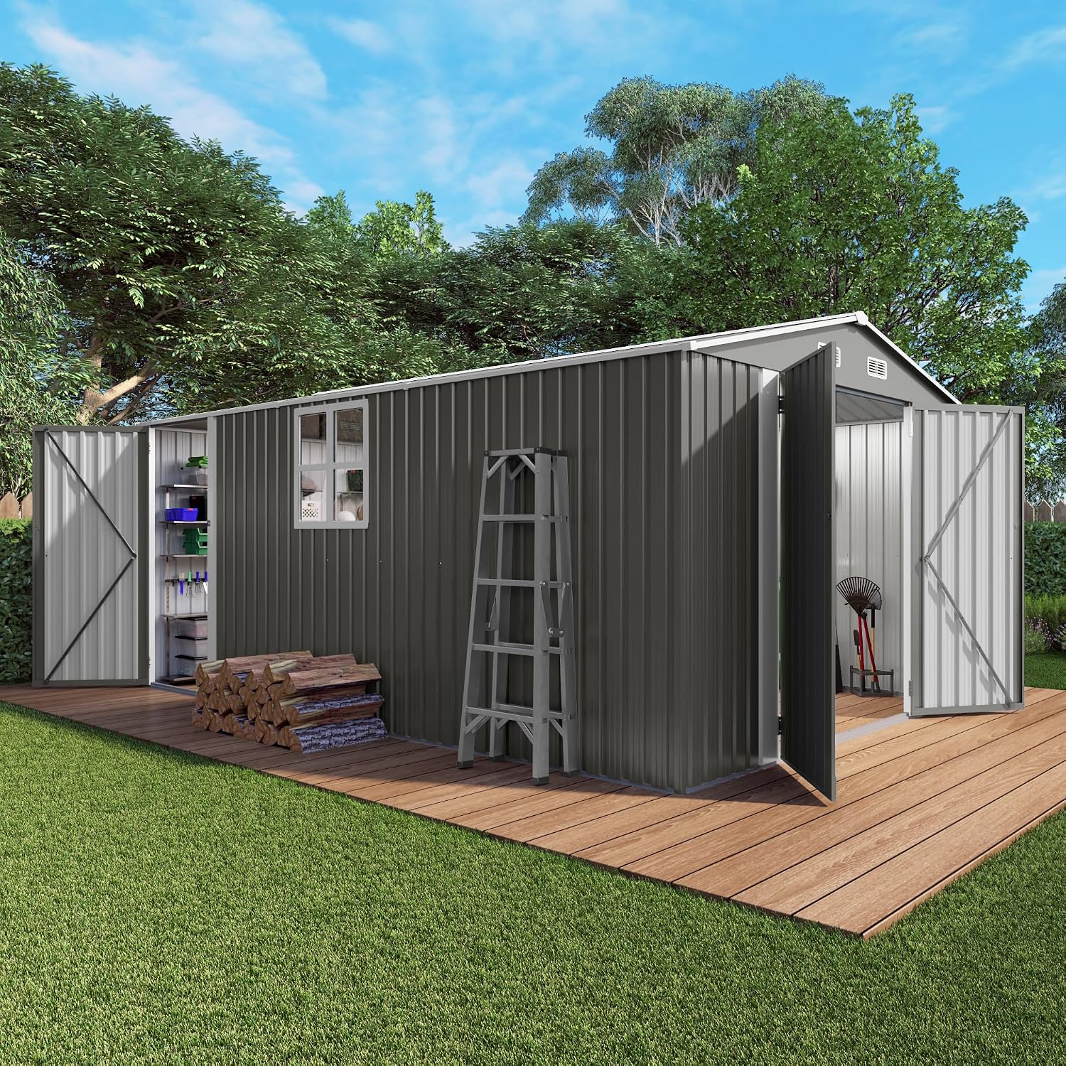 10x14x6.7FT Outdoor Storage Shed, Galvanized Steel Garden Shed with Lockable Door & Window, Waterproof Metal Tool Storage for Garden, Backyard, Patio, Lawn(Grey)