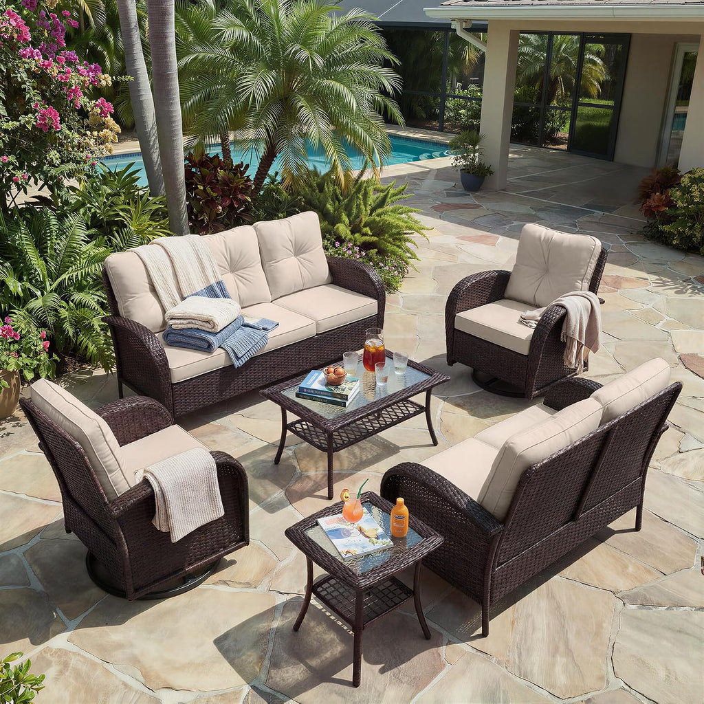 UPHA 5 Pieces Patio Furniture Sets, Wicker Outdoor Loveseat Sofa Set with Swivel Chairs, Patio Conversation Set for Deck Backyard Garden, Brown Rattan, Beige Cushion