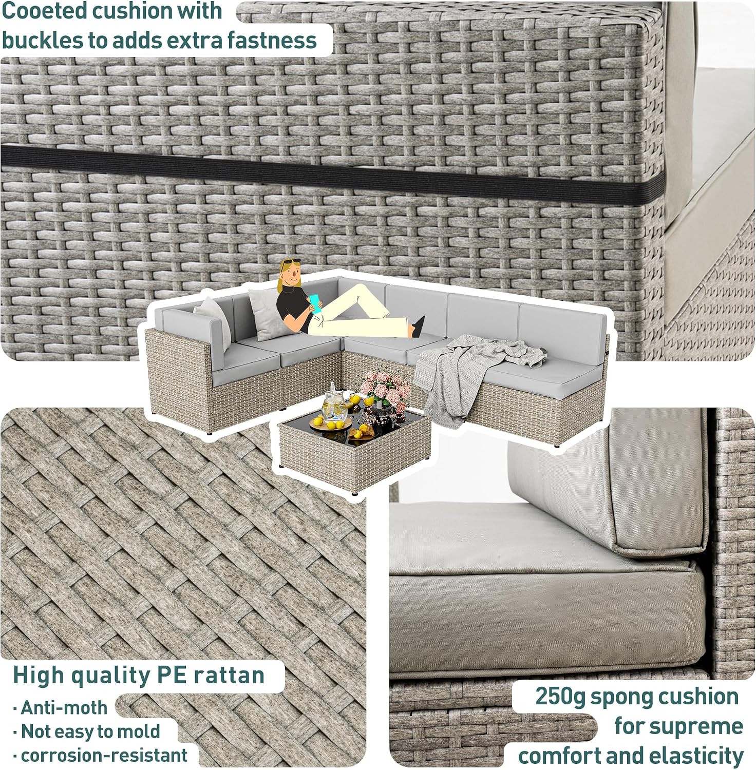 Pamapic 7-Piece Outdoor Sectional Furniture Set, All-Weather Wicker Patio Sofa with Washable Cushions, Gray Waterproof Rattan Conversation Set for Backyard, Poolside, Garden (Gray Cushions)