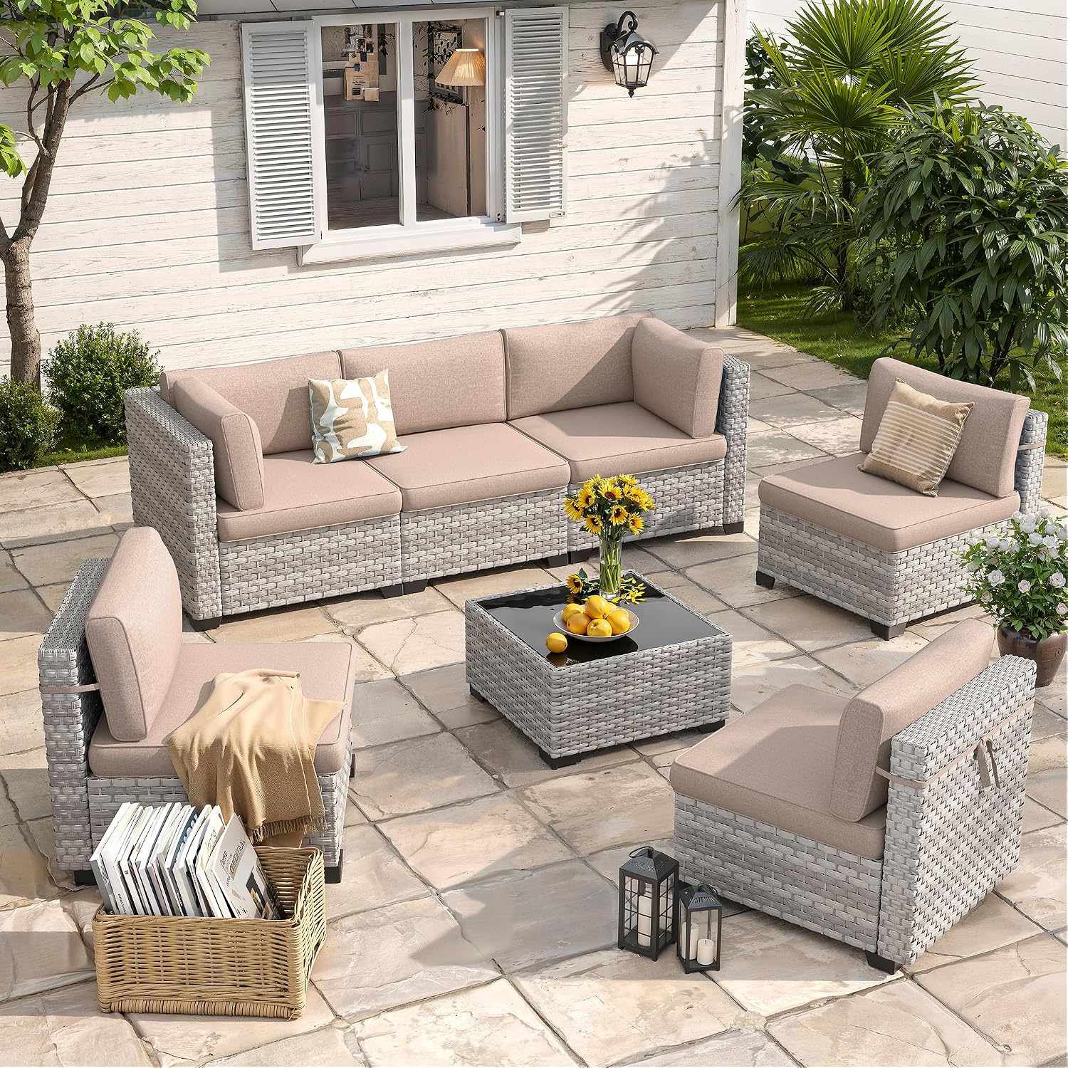 6-Seat Modular Patio Furniture Set – Outdoor Wicker Sectional Sofa with Thick 4″ Cushions, Dual-Strand PE Rattan, Rust-Resistant 18 mm Steel Frame, Backyard Garden Deck Lounge,Beige