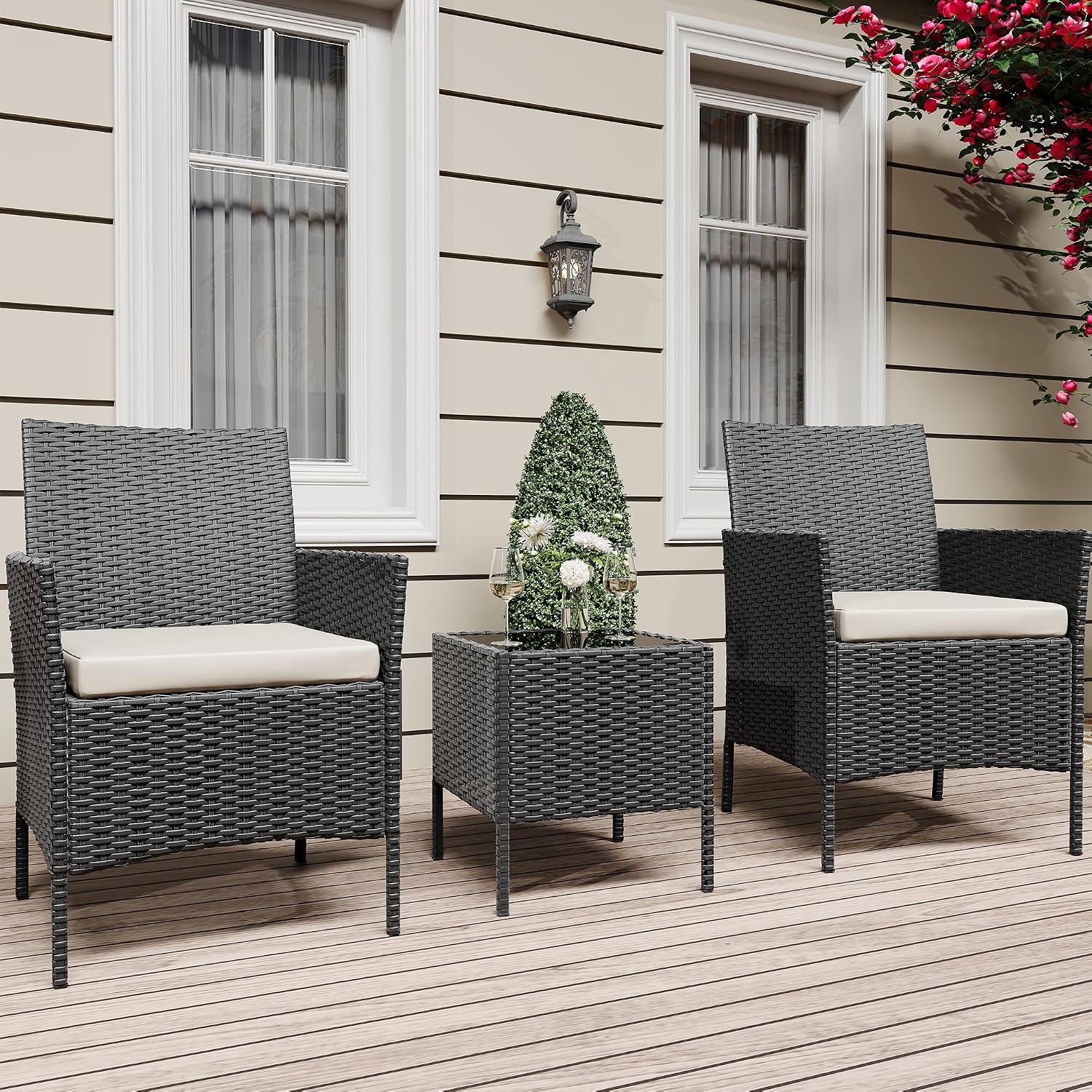 GarveeLife 3 Piece Patio Furniture Set, Rattan Outdoor Furniture with 2 Chairs & Coffee Table, Modern Outdoor Seating Conversation Bistro Set for Garden Backyard Porch (Black and Beige)
