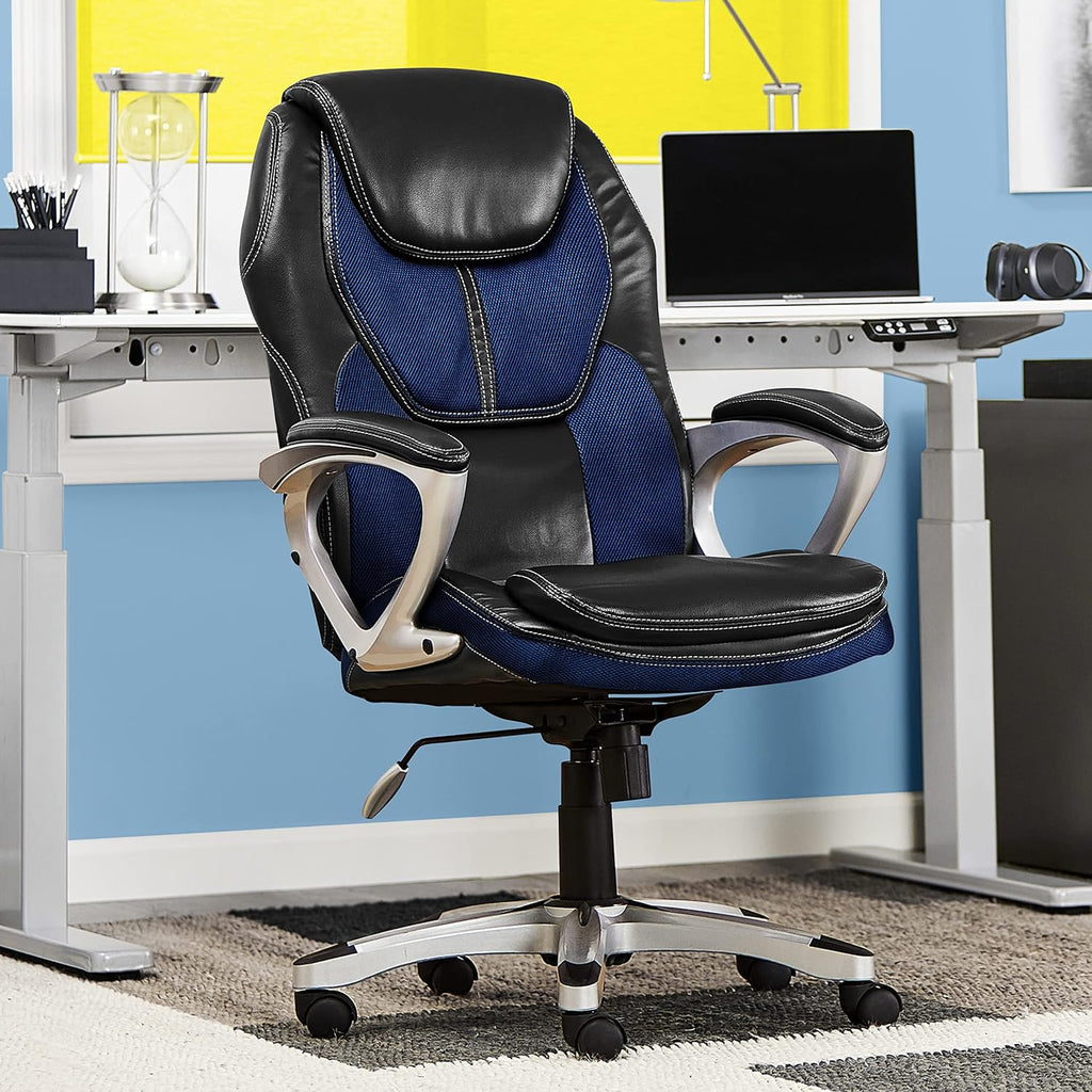 Serta Amplify Executive Office Chair with Faux Leather and Mesh, Adjustable Ergonomic Comfy Seat with Lumbar Support, Modern Computer DeskChairs, Swivel Rolling Wheels, Blue