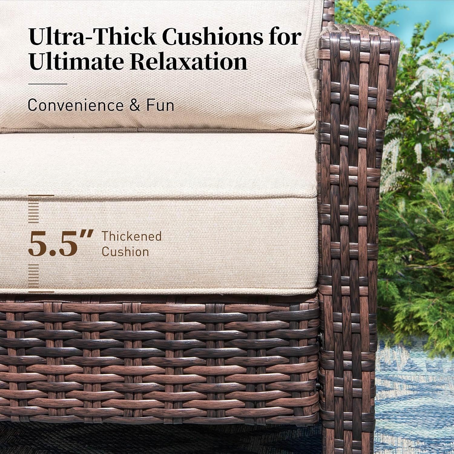 SUNSHINE VALLEY 6 Piece Patio Furniture Set with Swivel Chairs, High Back Wicker Rattan Sofa with Extra Thick Cushion, Coffee Table and Ottoman, Outdoor Conversation Set for Backyard Deck,Beige