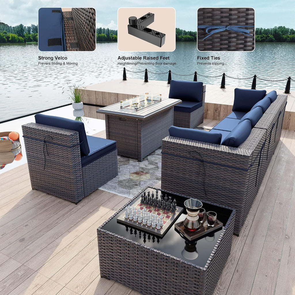 Kullavik 8 Pieces Outdoor Patio Furniture Set with 43' 55000BTU Gas Propane Fire Pit Table PE Wicker Rattan Sectional Sofa Patio Conversation Sets,Navy Blue