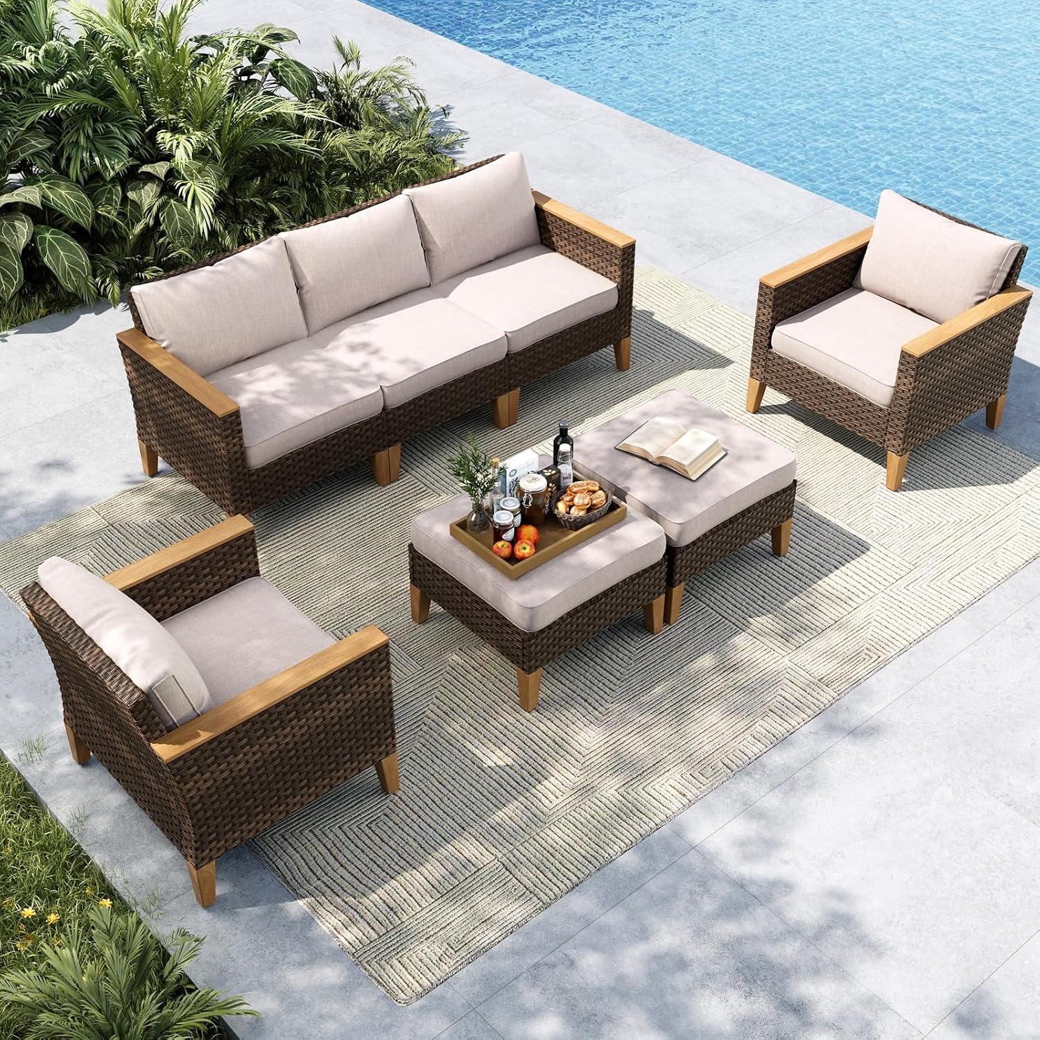 MFSTUDIO 7 Piece Wicker Patio Furniture Set, 2 x Single Chair, 2 x Ottoman, 3-Seat Sofa, All-Weather Outdoor PE Rattan Patio Conversation Set for Garden, Backyard(Beige Cushions)