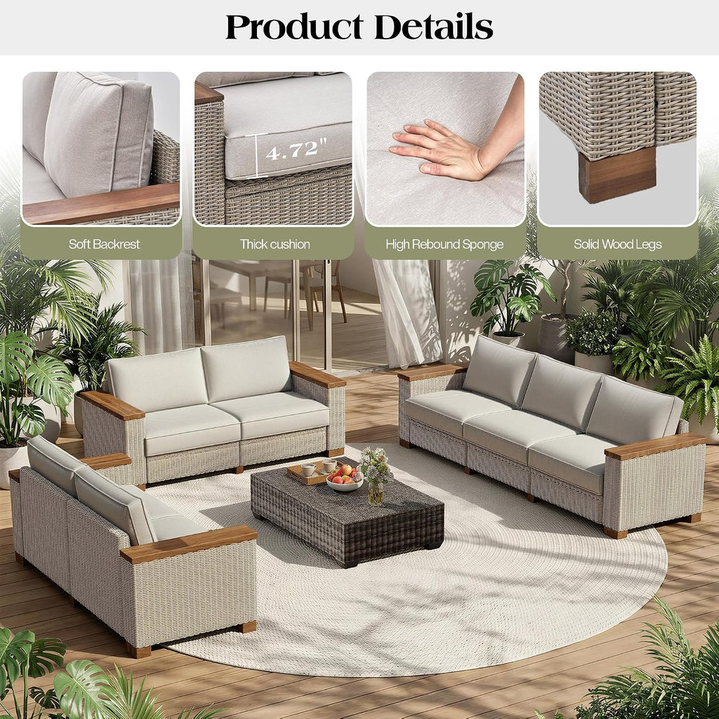 PaPaJet 3 Seat Outdoor Patio Sofa, All-Weather Wicker Couch with Solid Wood Armrests and Legs, 4.7 Inch Thick Removable Cushions, UV Resistant Modular Sofa Perfect for Porch, Backyard, Garden