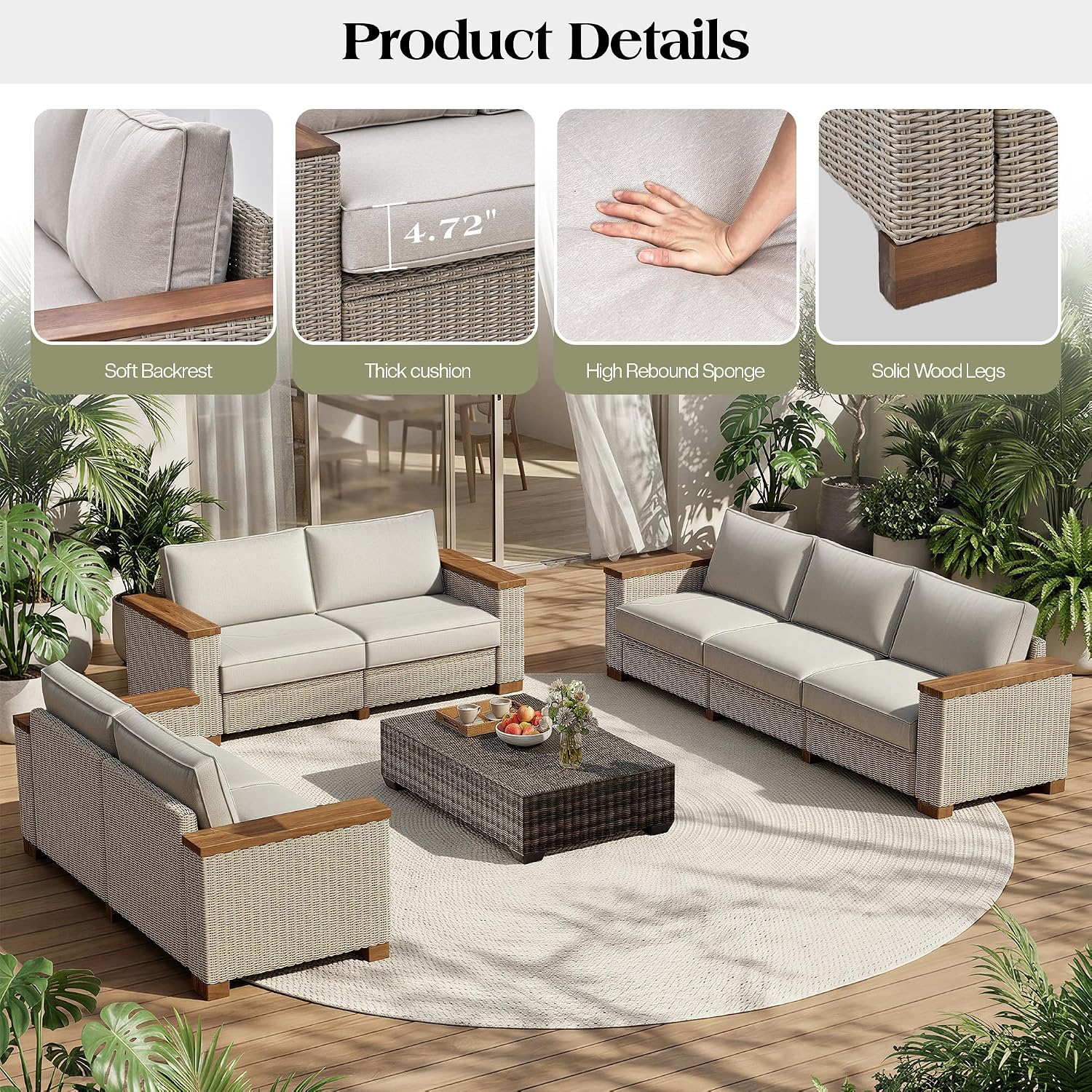 PaPaJet 3 Seat Outdoor Patio Sofa, All-Weather Wicker Couch with Solid Wood Armrests and Legs, 4.7 Inch Thick Removable Cushions, UV Resistant Modular Sofa Perfect for Porch, Backyard, Garden