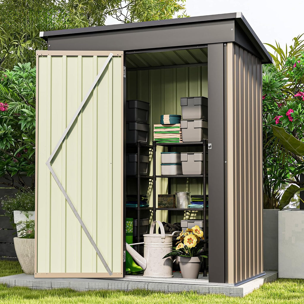 Patiowell 5x3 FT Outdoor Storage Shed, Tool Shed with Sloping Roof and Lockable Door, Metal Shed for Backyard Garden Patio Lawn, Brown