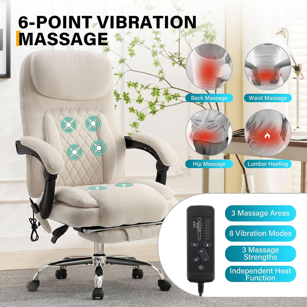 6-Point Massage Office Chair with Heated, Ergonomic Office Chair with Footrest & 45°Reclining High Back, Big and Tall Executive Office Chair 500LBS, Thick Cushion Desk Chair for Home Office, Beige
