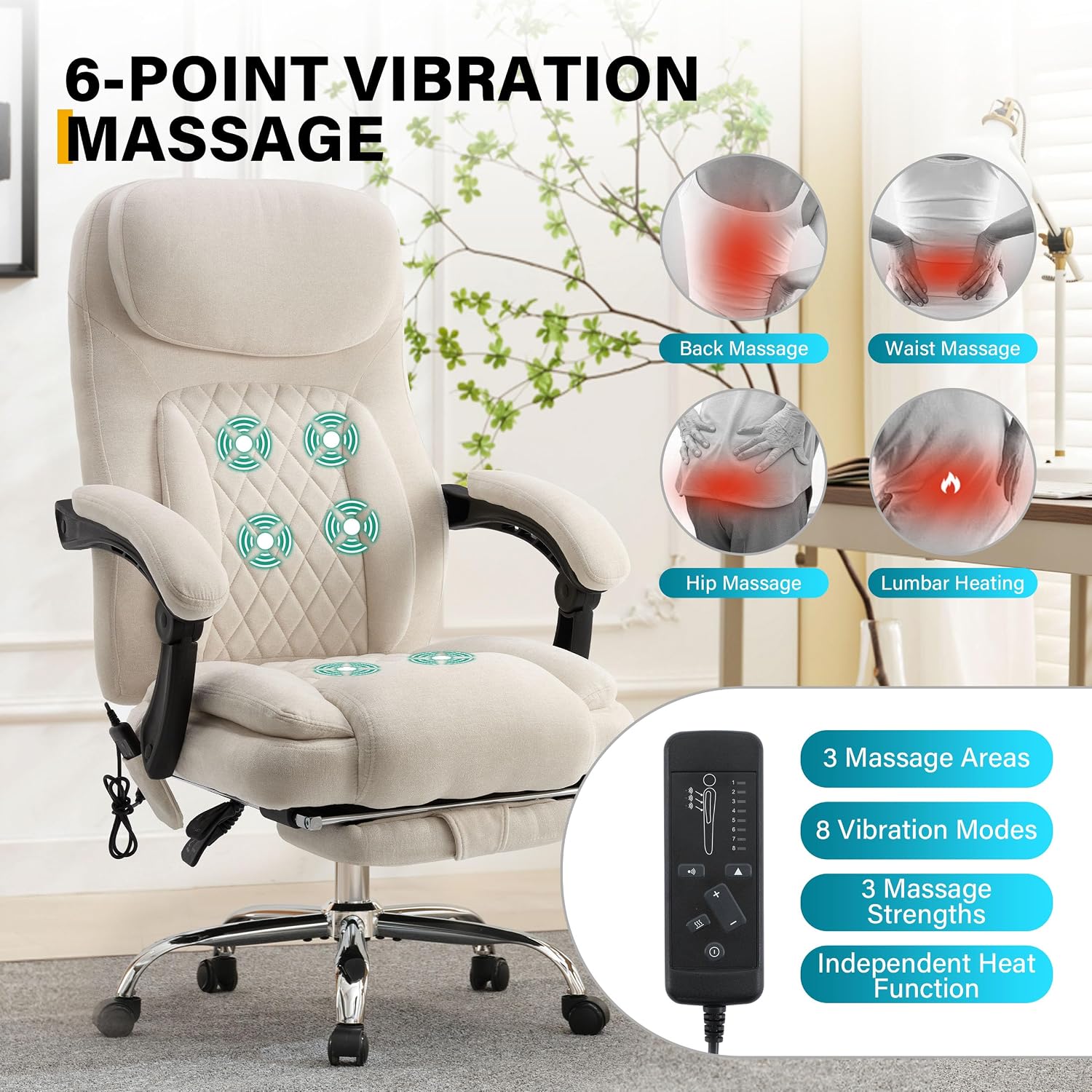6-Point Massage Office Chair with Heated, Ergonomic Office Chair with Footrest & 45°Reclining High Back, Big and Tall Executive Office Chair 500LBS, Thick Cushion Desk Chair for Home Office, Beige