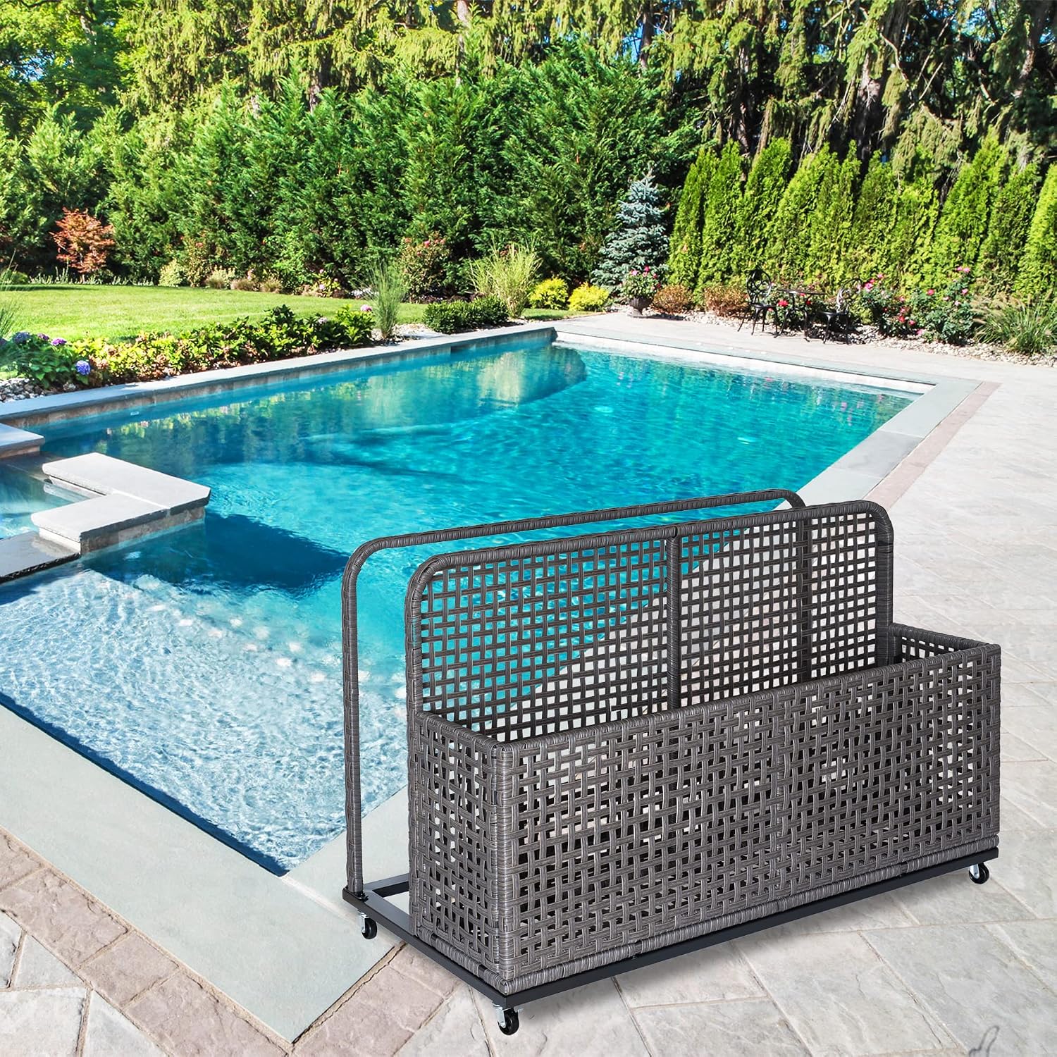 Poolside Float Storage, Outdoor Storage, Patio Poolside Float Storage Basket, Storage Box, PE Rattan Outdoor Pool Caddy with Rolling Wheels for Floaties, Patio, Pool, Beach-Sturdy & Movable,