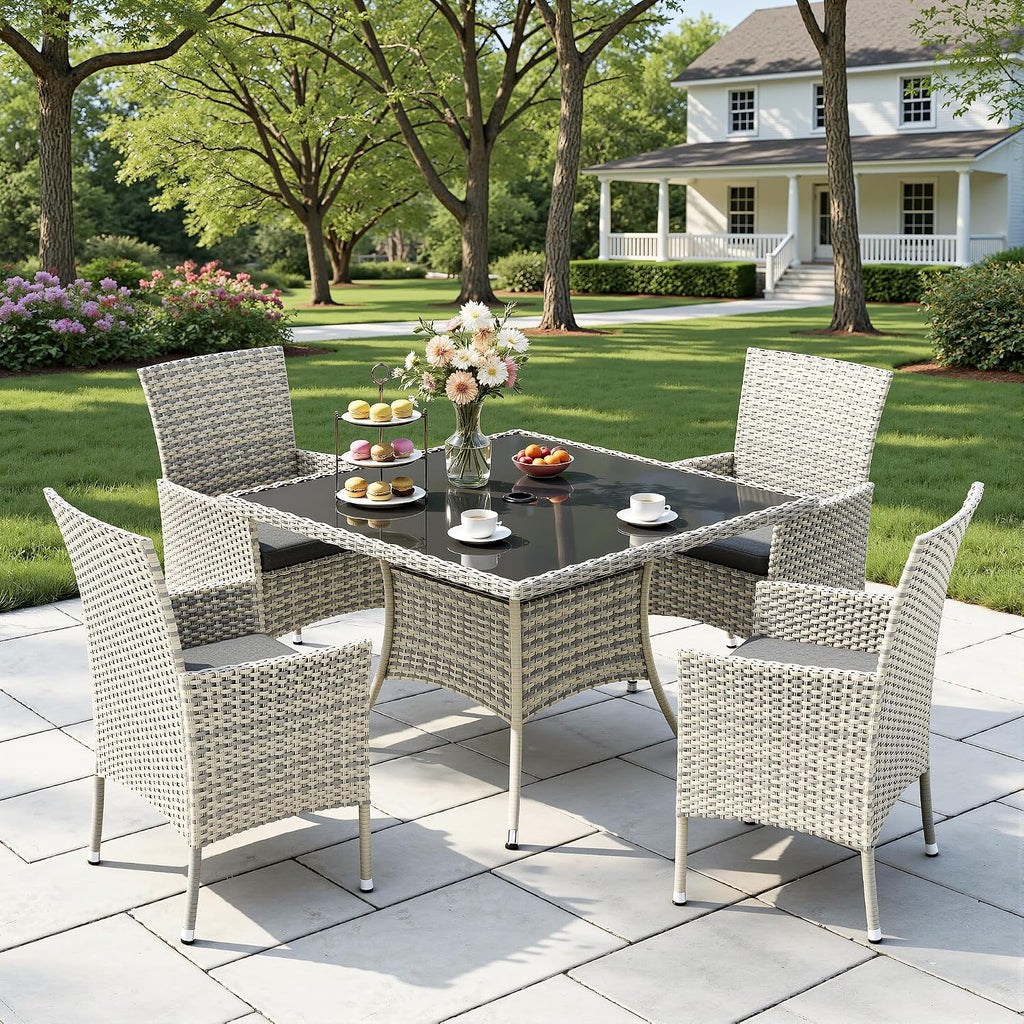 Outdoor Dining Set, 5-Piece Patio Furniture Set with Tempered Glass Table and 4 Cushioned Chairs, Dual-Strand Wicker Rattan, Balcony Furniture for Backyard, Garden, Deck,– Black