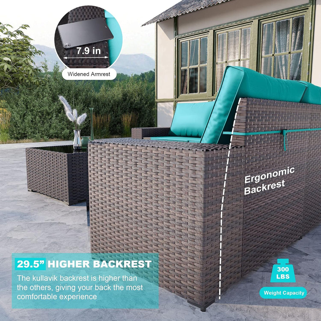 Kullavik Outdoor Patio Furniture Set,12 Pieces Sectional Rattan Sofa Set Brown PE Rattan Wicker Patio Conversation Set with 10 Seat Cushions and 2 Tempered Glass Coffee Table,Turquoise Blue