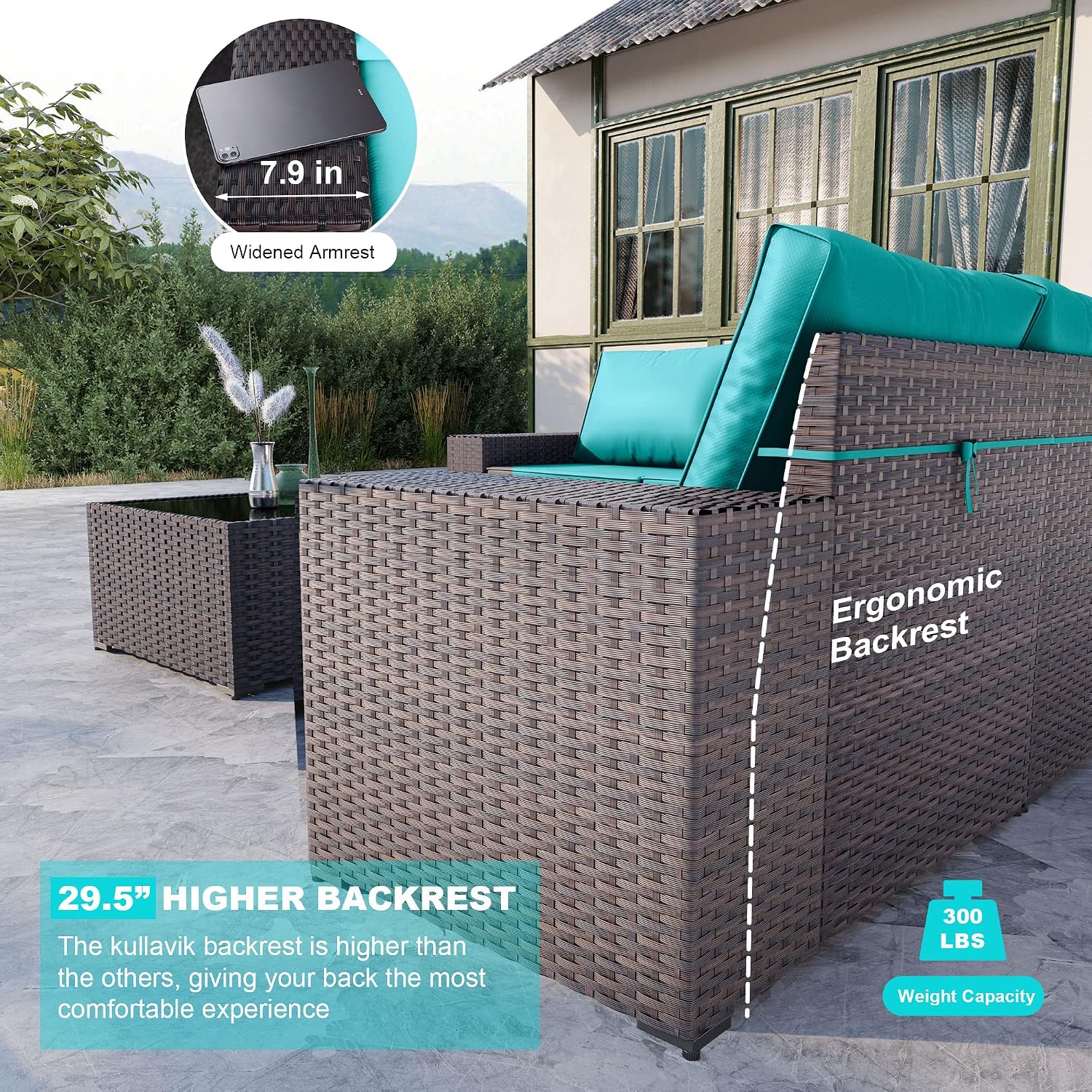 Kullavik Outdoor Patio Furniture Set 6 Pieces Sectional Rattan Sofa Set Brown PE Rattan Wicker Patio Conversation Set with 5 Seat Cushions and 1 Tempered Glass Table, Turquoise Blue