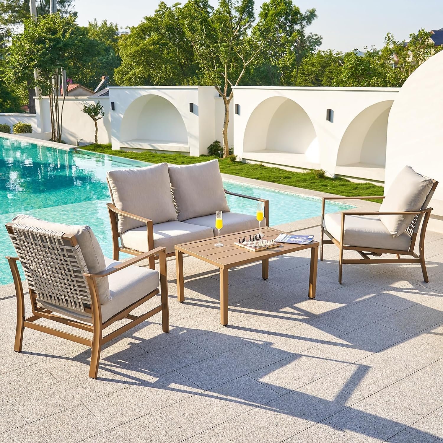 NATURAL EXPRESSIONS 4 Pieces Patio Furniture Sets, Modern Metal Outdoor Conversation Sets with High Back All Weather Hand-Woven Rope Rocking Chairs, Loveseat, Metal Table, 6' Thick Olefin Cushions