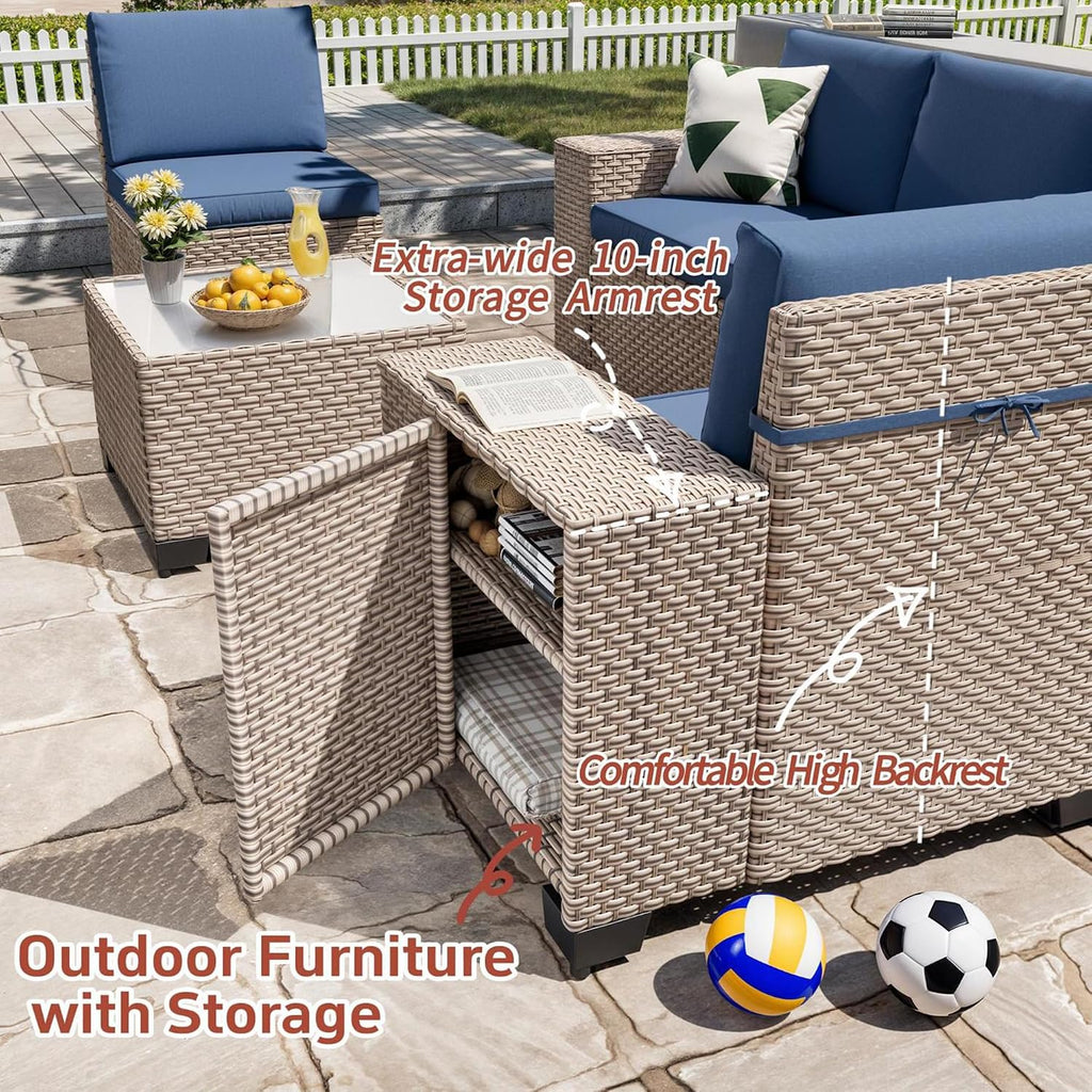 6 Pieces Patio Furniture Set, Outdoor Sectional Wicker Sofa with Thickened Cushions and Coffee Table, High Back Rattan Patio Conversation Sets for Garden Backyard, Navy