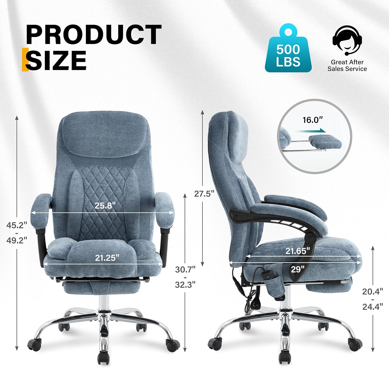 6-Point Massage Office Chair with Heated, Ergonomic Office Chair with Footrest & 45°Reclining High Back, Big and Tall Executive Office Chair 500LBS, Thick Cushion Desk Chair for Home Office, Blue