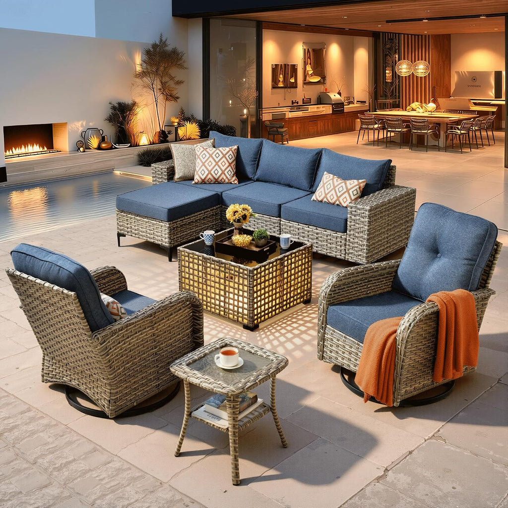 ovios 8-Piece Patio Furniture Set with L-Shape Sofa Chaise, Outdoor Sectional Couch Swivel Gliders Solar Table, Modern Modular Wicker Rattan Conversation Set, Denim Blue