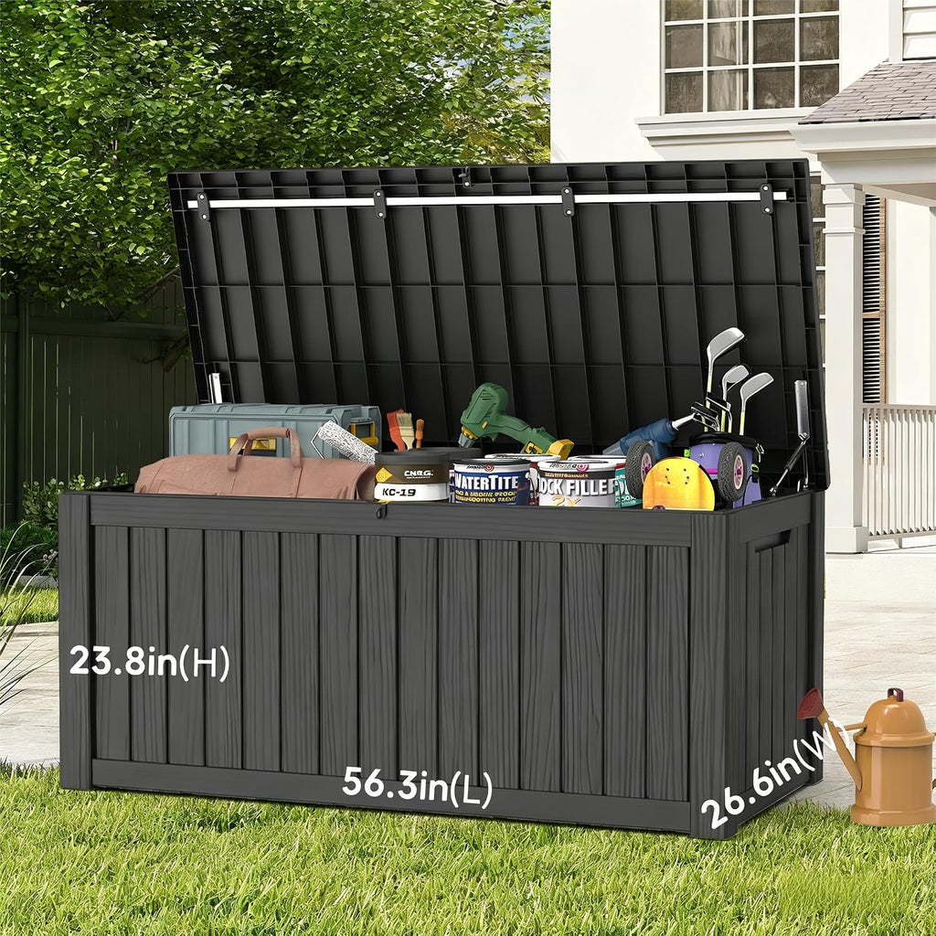 150 Gallon Outdoor Deck Box - Waterproof Lockable Resin Container, Weatherproof UV Resistant Organizer for Patio Garden Yard Poolside, Black