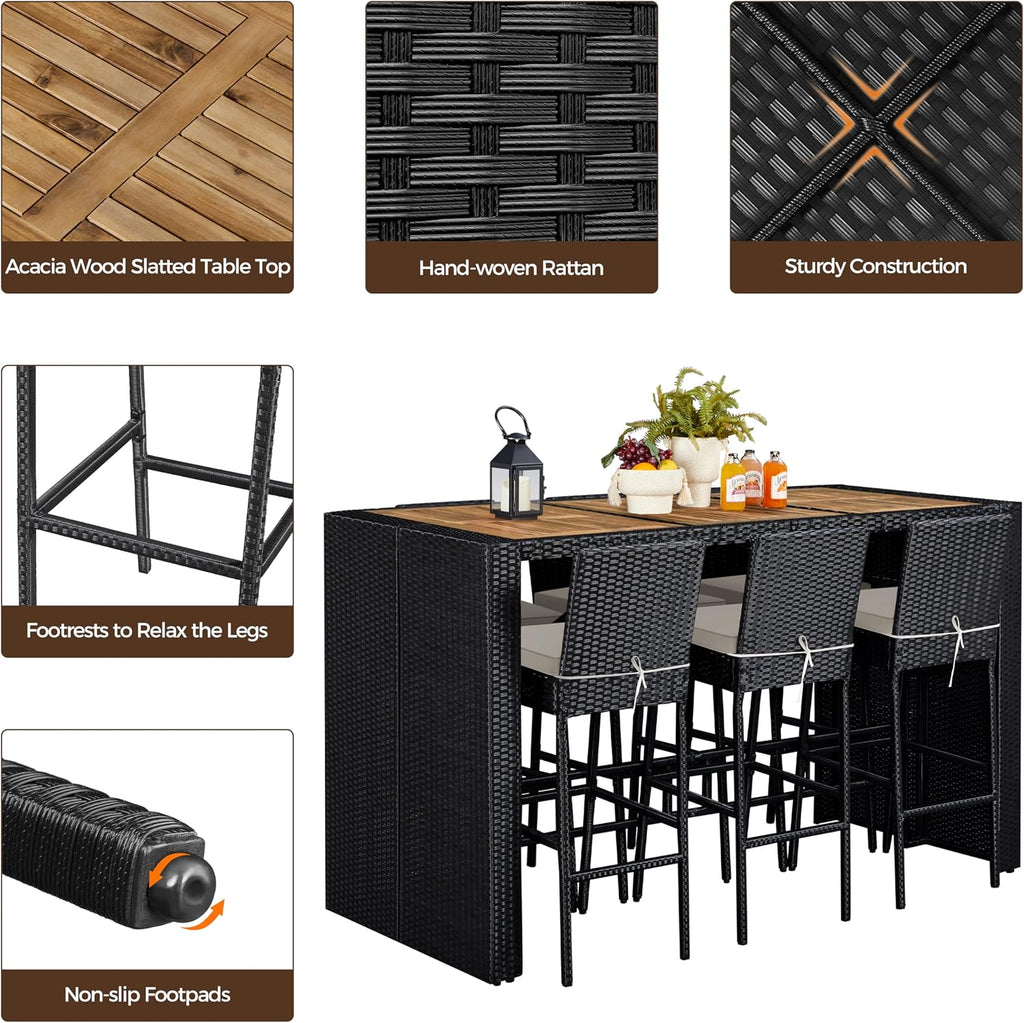 Yaheetech 7 Piece Patio Dining Set Outdoor Acacia Wood Bar Table and Chairs with Removable Cushions, Wicker Furniture Set for Deck, Backyard, Garden, Black/Beige