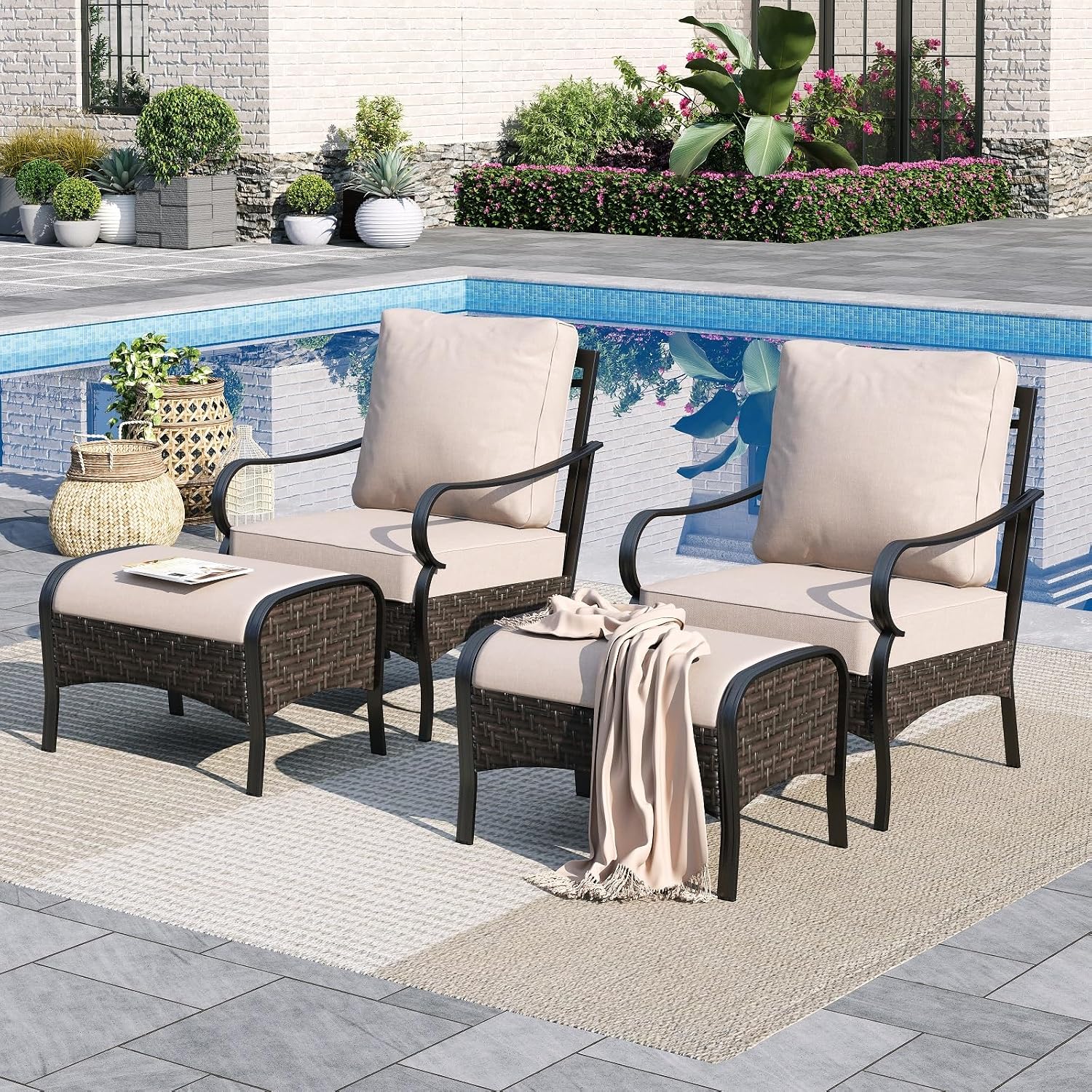 Sophia & William Patio Furniture Set, 4 Piece Metal Outdoor Conversation Set with 2 Sofa Chairs, 2 Ottoman for Outdoor Seating, Backyard, Porch(Beige)