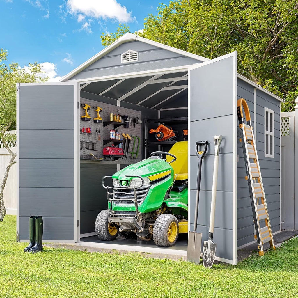 Gizoon 8x6 FT Outdoor Plastic Storage Shed with Reinforced Steel Frame, All-Weather Waterproof Resin Construction, Lockable Doors, Included Floor and Window for Backyard, Garden, Patio