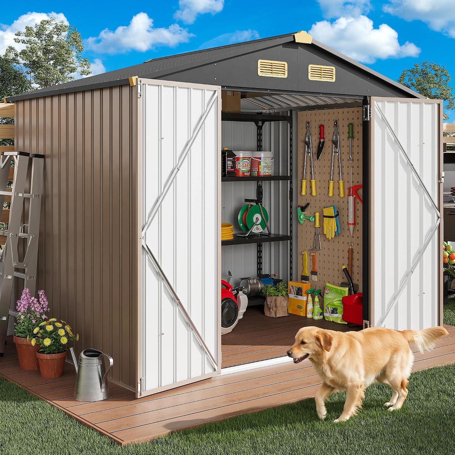 IRONCK 8x6FT Outdoor Storage Shed with Lockable Doors, 7.4x5.3FT Base Galvanized Steel Metal Garden Tool Shed with Breathable Vent for Yard Bins/Generator/Wheelbarrow Storage, Brown