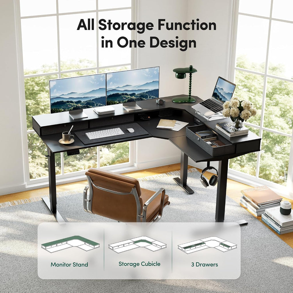 FEZIBO L Shaped Electric Standing Desk, 63 x48 inch Large with Drawers | Reversible Tabletop, 2 Memory Height Settings | Home Office & Gaming Height-Adjustable Table, Black Top/Black Frame（2 packages）
