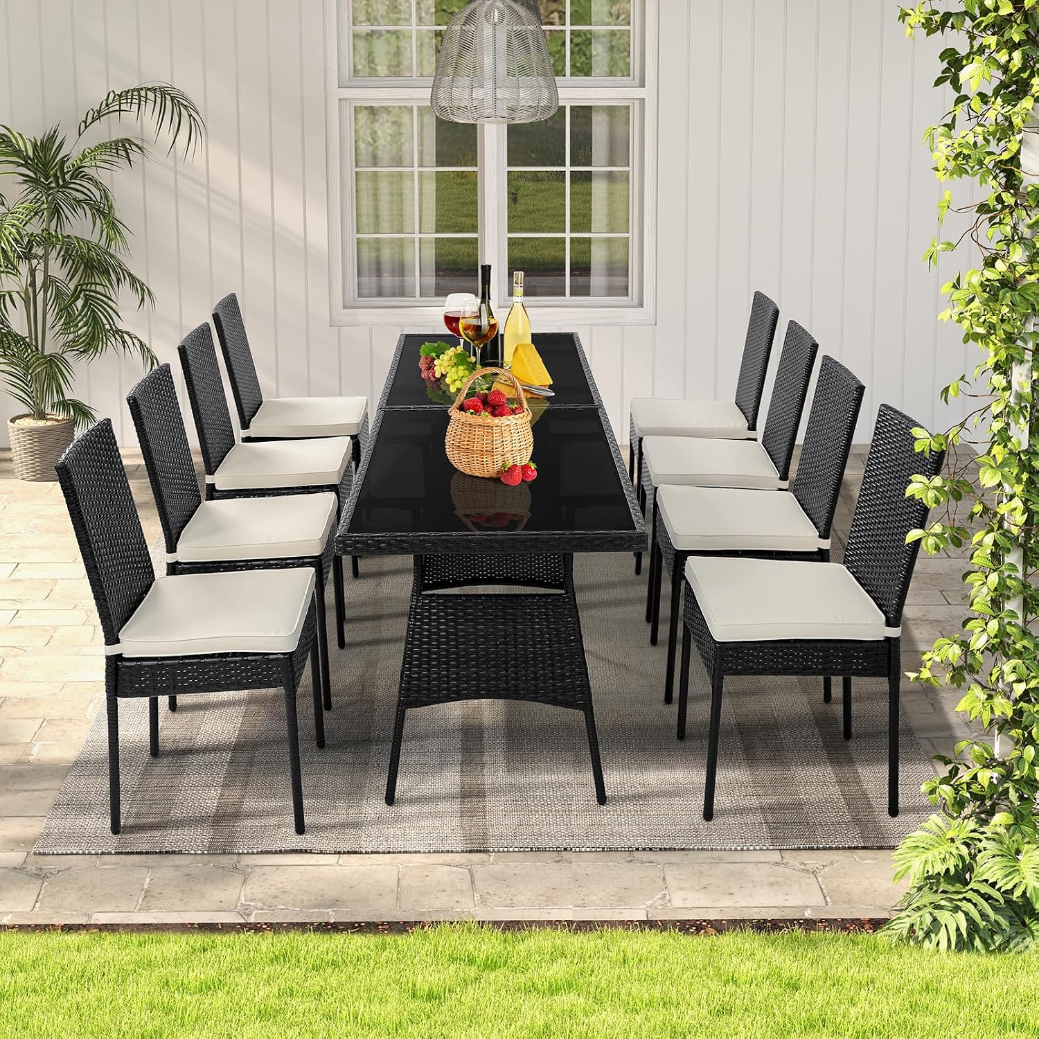 Tangkula 10 Pieces Wicker Patio Dining Set, Outdoor Rattan Table & Chairs Set with Padded Cushions, Patio Furniture Dining Glass Table Set for Balcony Patio Garden Poolside