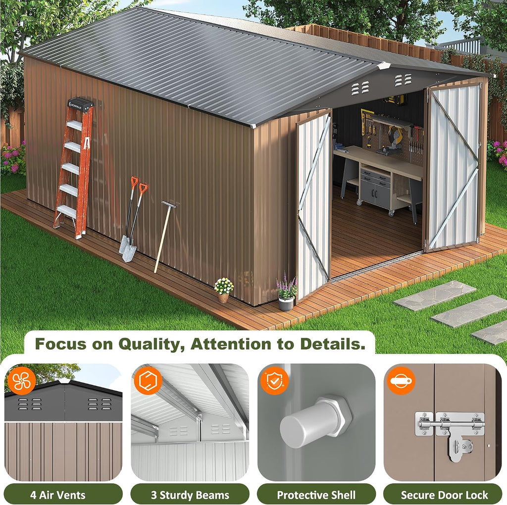 AirWire 10x14 FT Outdoor Storage Shed, Large Garden Shed with Updated Frame Structure and Lockable Doors, Metal Tool Sheds for Backyard Garden Patio Lawn, Brown