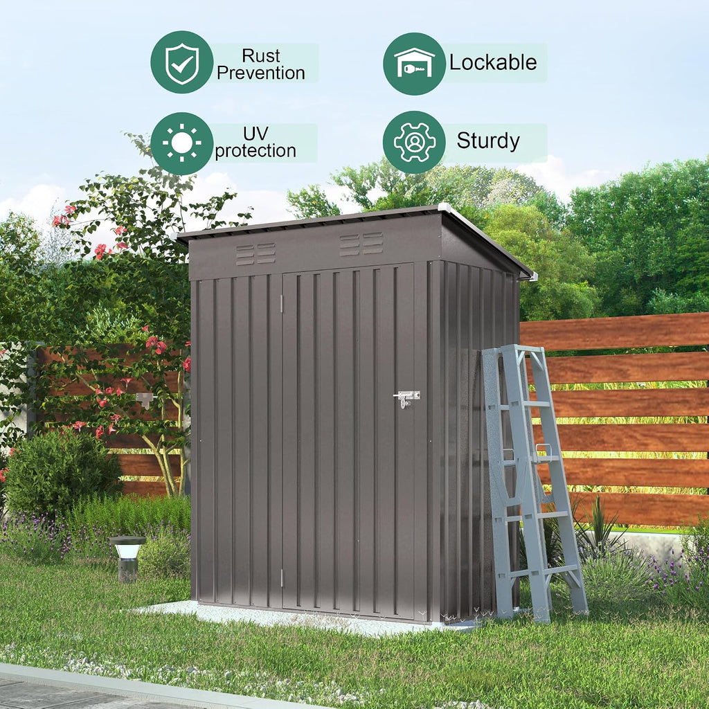 Outdoor Storage Shed 5x3x6FT Pitched Roof, Galvanized Steel Garden Shed with Lockable Door & Window, Waterproof Metal Tool Storage for Garden, Backyard, Patio, Lawn