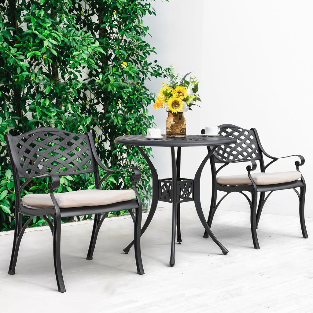 NUU GARDEN 3 Pieces Outdoor Patio Bistro Set, Cast Aluminum Patio Set with Umbrella Hole All-Weather Small Patio Table and Chairs for Balcony, Patio, Black and Beige Cushion