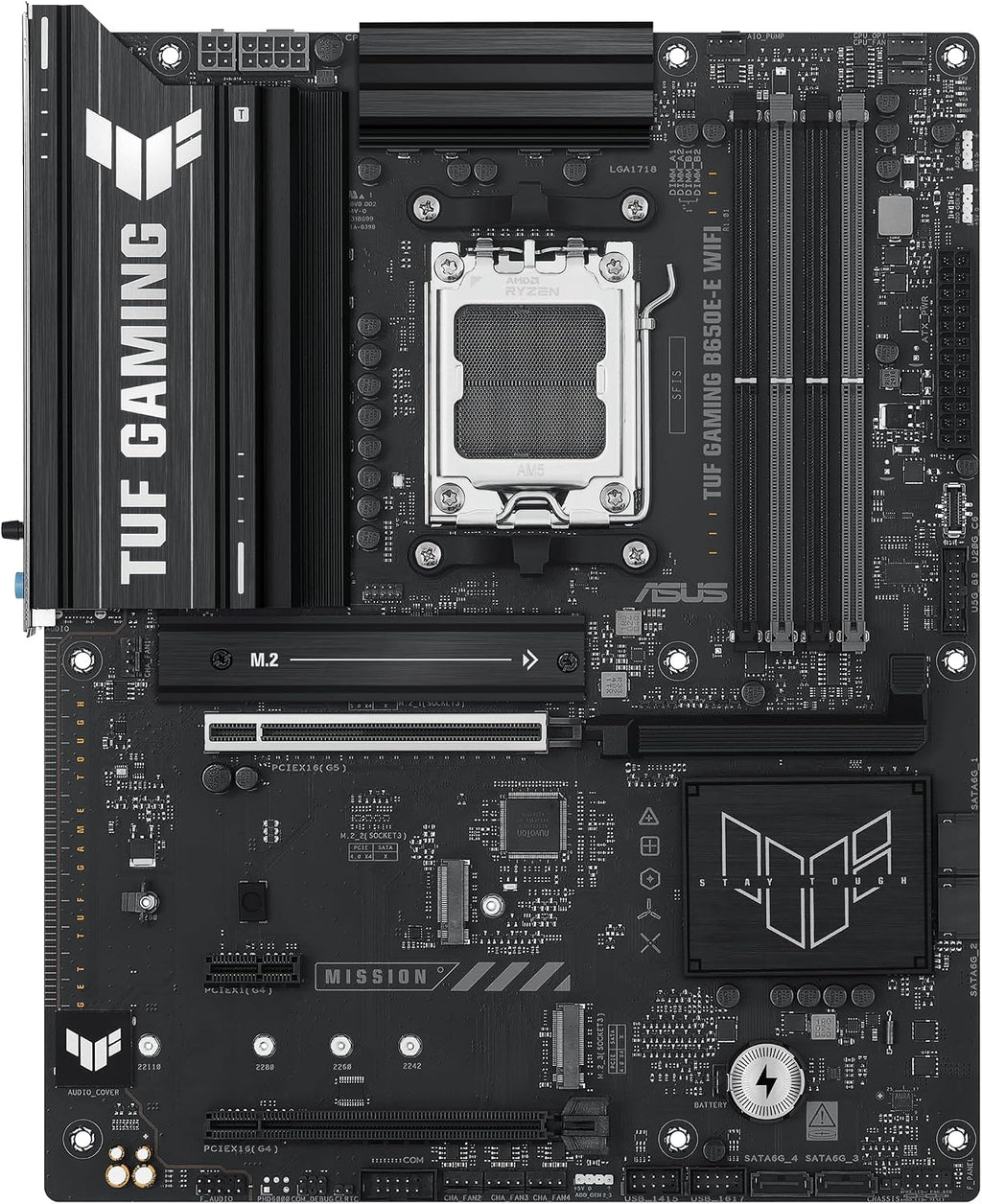 ASUS TUF GAMING B650E-E WIFI AMD AM5 B650 ATX motherboard, 8+2+1 80A DrMOS stage, DDR5, PCIe 5.0 Ready, 3x M.2, Wi-Fi 6E, 2.5 Gb LAN, DisplayPort, HDMI™, USB 20Gbps Type-C®, BIOS FlashBack™, Aura Sync