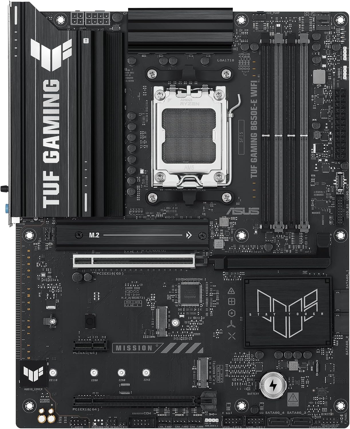 ASUS TUF GAMING B650E-E WIFI AMD AM5 B650 ATX motherboard, 8+2+1 80A DrMOS stage, DDR5, PCIe 5.0 Ready, 3x M.2, Wi-Fi 6E, 2.5 Gb LAN, DisplayPort, HDMI™, USB 20Gbps Type-C®, BIOS FlashBack™, Aura Sync