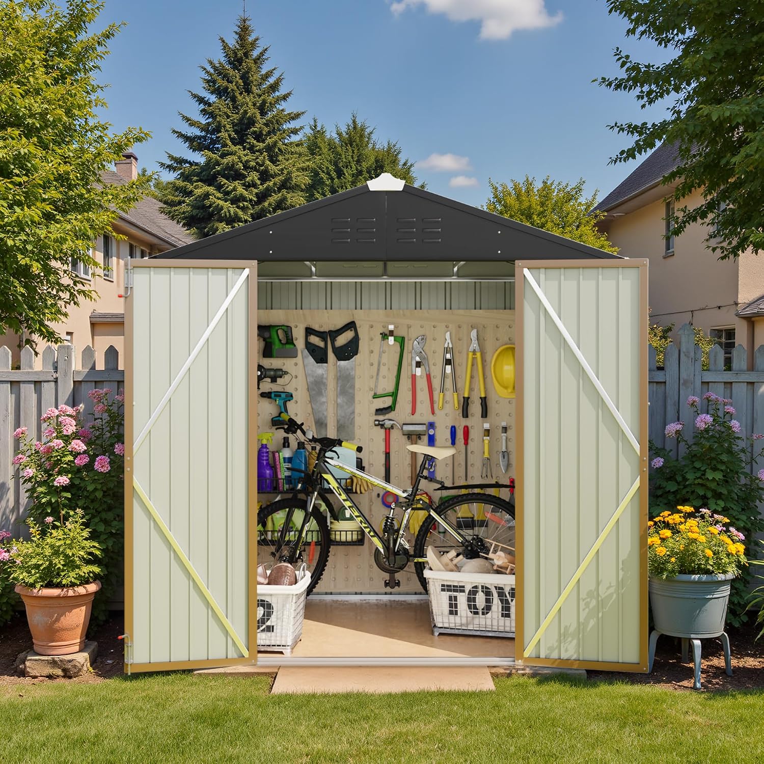 Greesum 6x4FT Outdoor Storage Shed, Utility Tool Shed Metal Storage Garden Shed with Door & Lock for Patio Storage, Brown