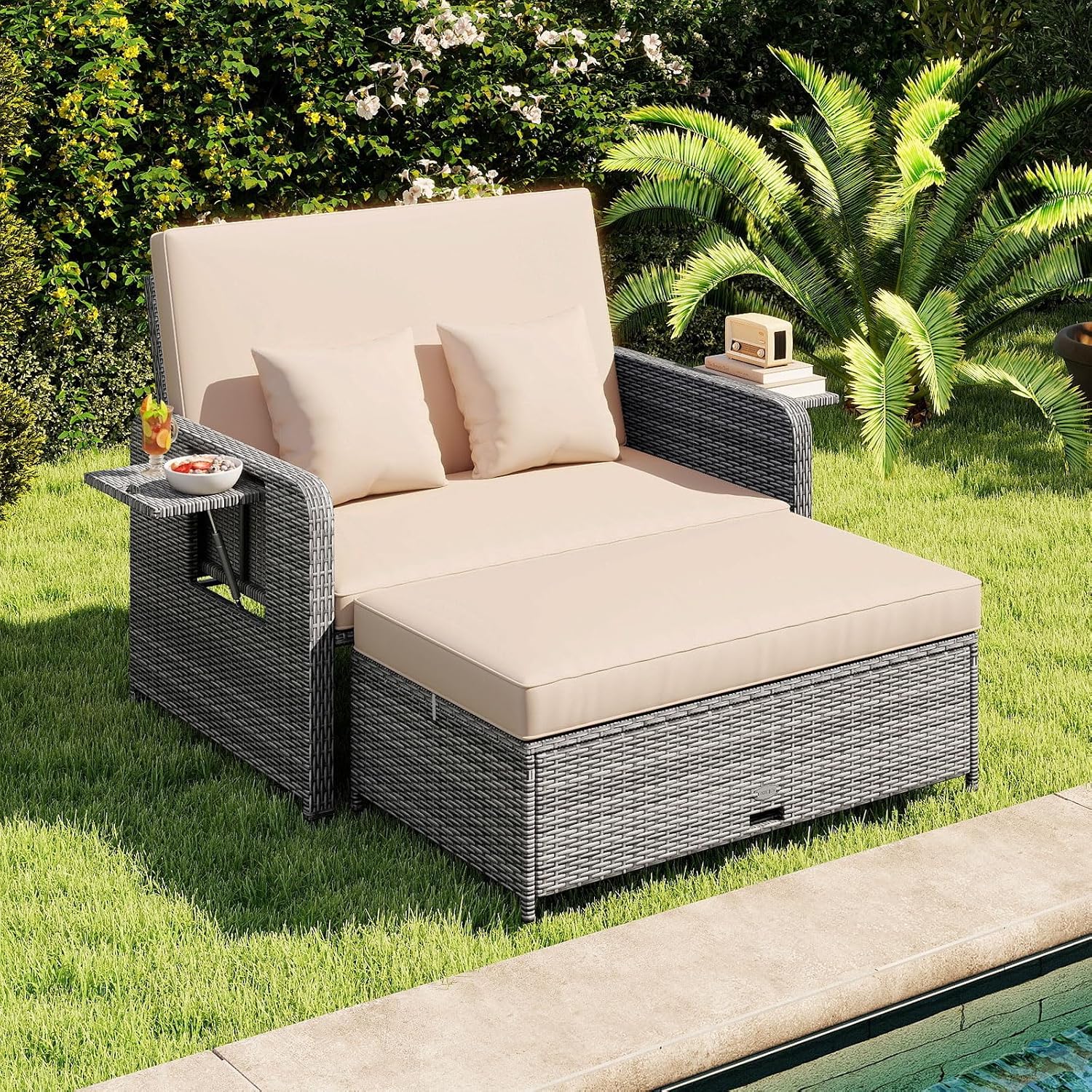 Tangkula Patio Rattan Daybed with 4-Level Adjustable Backrest, Outdoor PE Wicker Loveseat with Storage Ottoman & Folding Side Table, Double Sunbed for Balcony, Backyard & Poolside, Beige & Grey