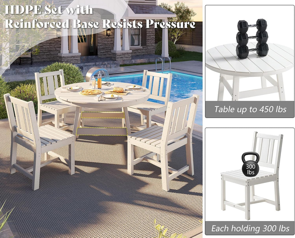 AMERLIFE 5 Piece HDPE Patio Dining Table Set, All-Weather Outdoor Table and Chairs Set Furniture with Umbrella Hole for Garden, Backyard, Poolside, Seaside, White