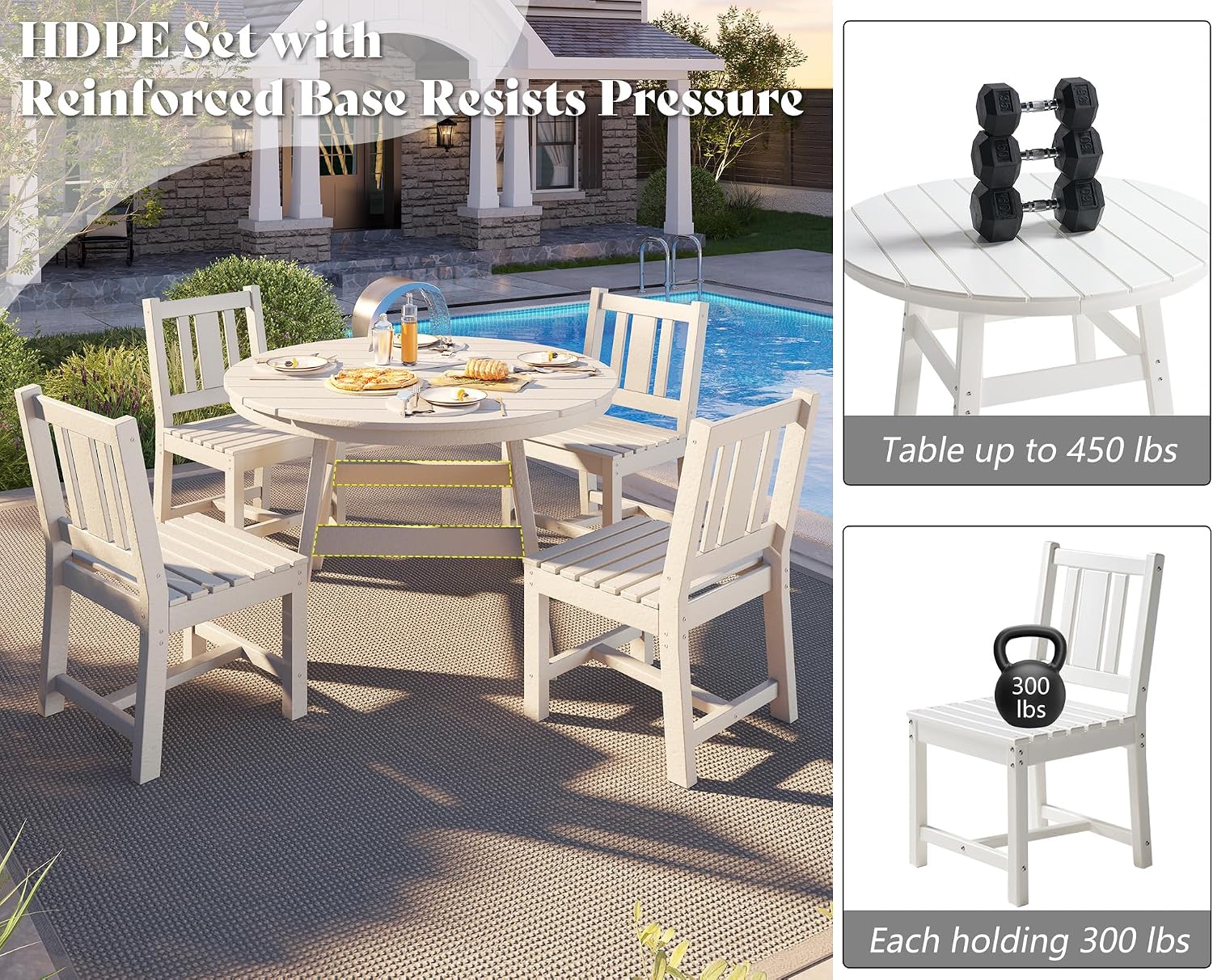 AMERLIFE 5 Piece HDPE Patio Dining Table Set, All-Weather Outdoor Table and Chairs Set Furniture with Umbrella Hole for Garden, Backyard, Poolside, Seaside, White
