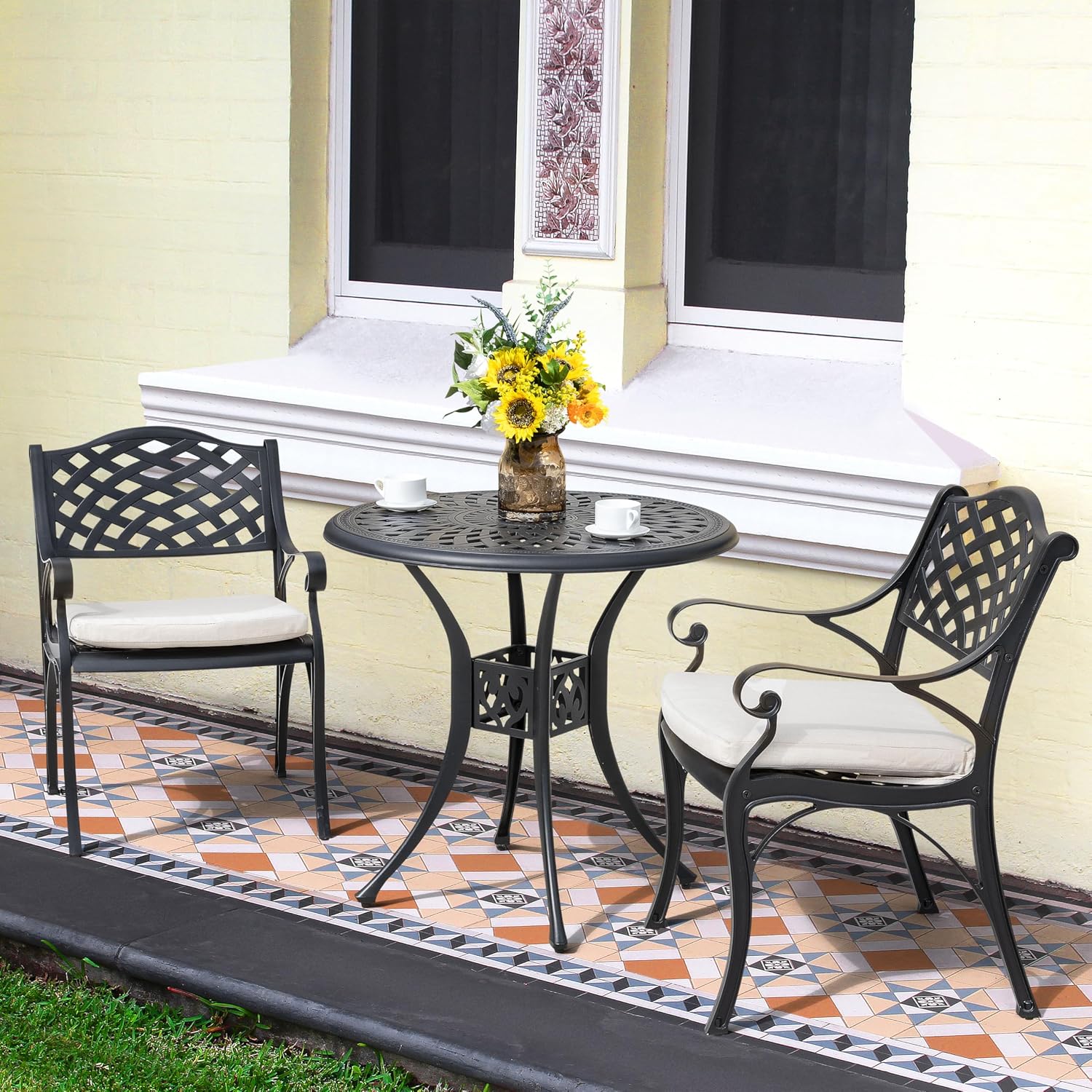 NUU GARDEN 3 Pieces Outdoor Patio Bistro Set, Cast Aluminum Patio Set with Umbrella Hole All-Weather Small Patio Table and Chairs for Balcony, Patio, Black and Beige Cushion