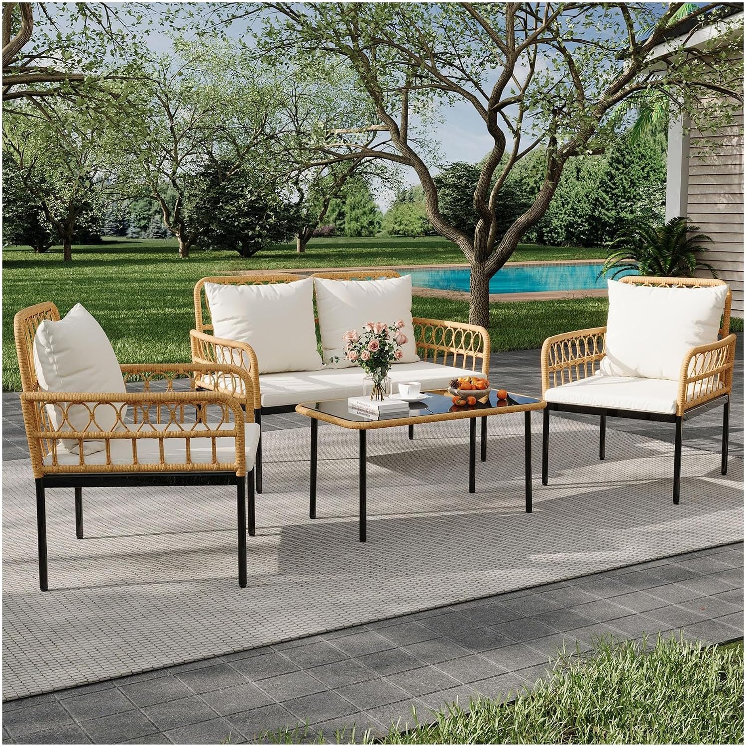 4 Pieces Patio Furniture Set,Outdoor All-Weather Wicker Rattan Bistro Set with Glass Table and Thick Cushions Boho Loveseat Chairs for Balcony Garden Backyard Poolside,Beige